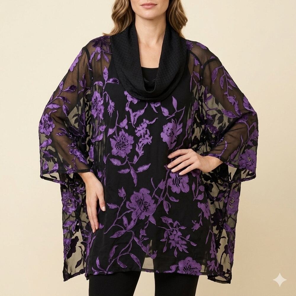 002-Lady Jane Floral Wrap Poncho Shrug Size 2X Sheer Cowl / PTP 28